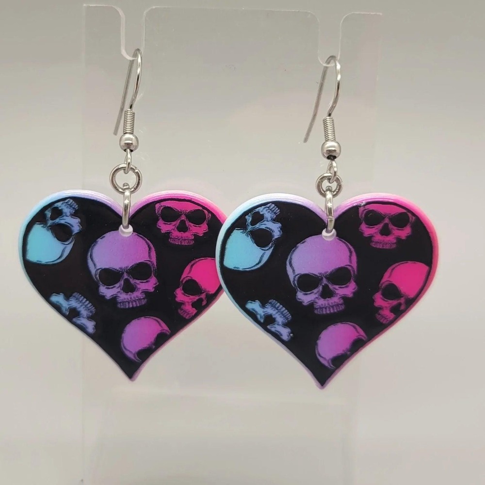 Heart Skull Earrings, Gothic Jewelry, Dangle, Halloween Accessories